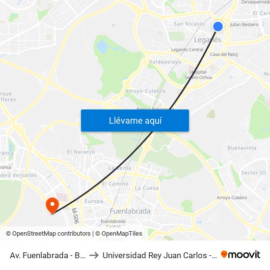 Av. Fuenlabrada - Batalla De Brunete to Universidad Rey Juan Carlos - Campus De Fuenlabrada map