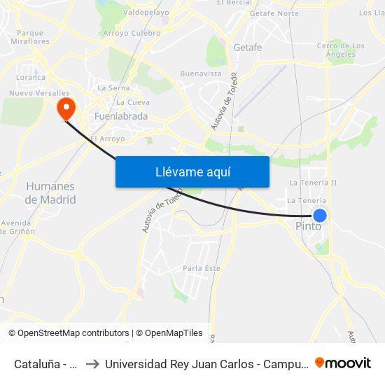 Cataluña - Aragón to Universidad Rey Juan Carlos - Campus De Fuenlabrada map