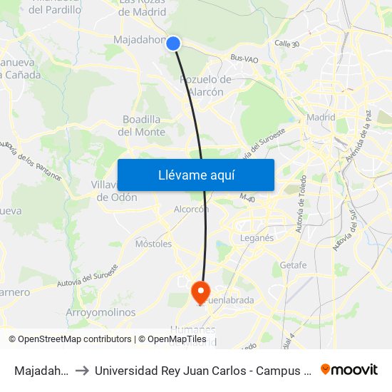 Majadahonda to Universidad Rey Juan Carlos - Campus De Fuenlabrada map