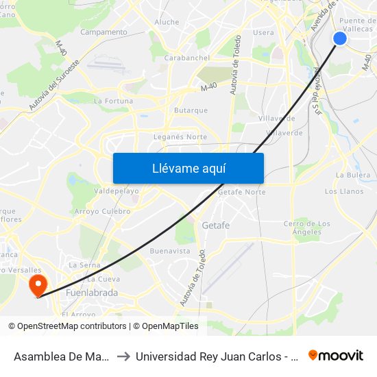 Asamblea De Madrid - Entrevías to Universidad Rey Juan Carlos - Campus De Fuenlabrada map