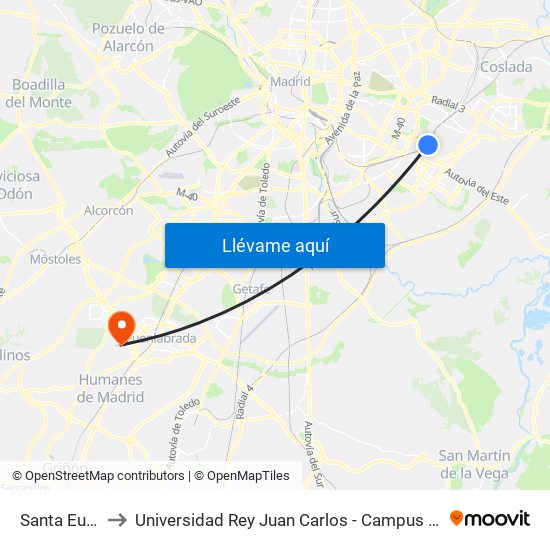 Santa Eugenia to Universidad Rey Juan Carlos - Campus De Fuenlabrada map