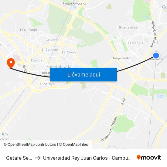 Getafe Sector 3 to Universidad Rey Juan Carlos - Campus De Fuenlabrada map