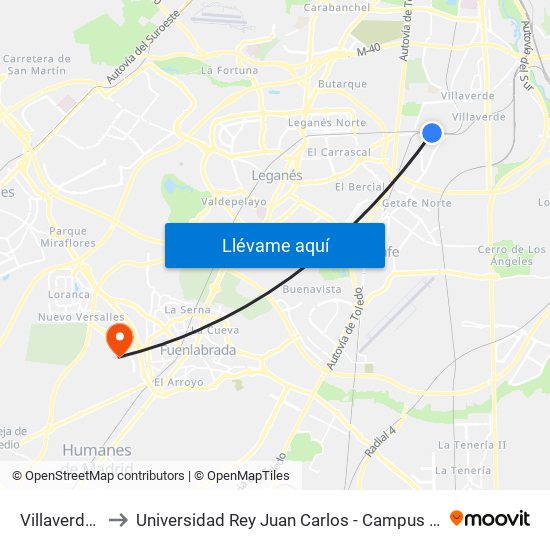 Villaverde Alto to Universidad Rey Juan Carlos - Campus De Fuenlabrada map