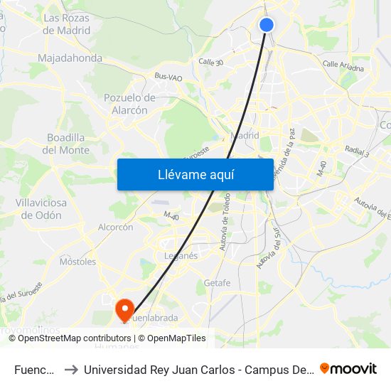 Fuencarral to Universidad Rey Juan Carlos - Campus De Fuenlabrada map