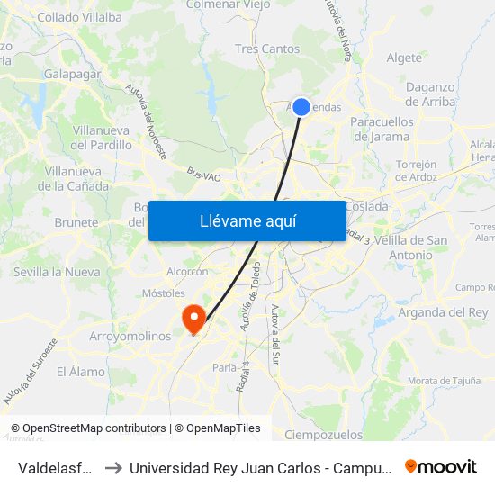 Valdelasfuentes to Universidad Rey Juan Carlos - Campus De Fuenlabrada map