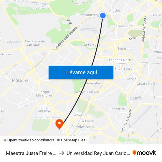 Maestra Justa Freire - Polideportivo Aluche to Universidad Rey Juan Carlos - Campus De Fuenlabrada map