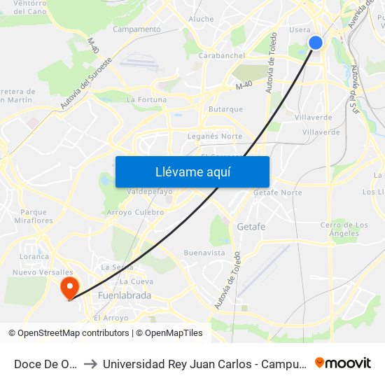 Doce De Octubre to Universidad Rey Juan Carlos - Campus De Fuenlabrada map