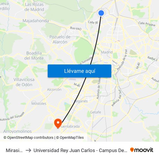 Mirasierra to Universidad Rey Juan Carlos - Campus De Fuenlabrada map