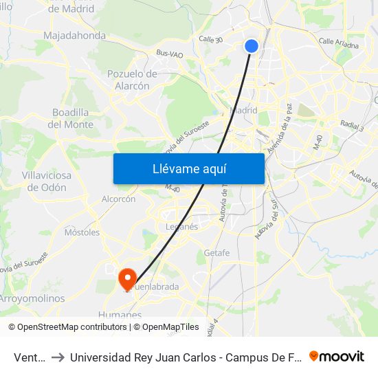 Ventilla to Universidad Rey Juan Carlos - Campus De Fuenlabrada map