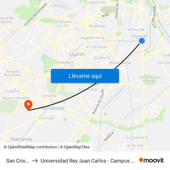 San Cristóbal to Universidad Rey Juan Carlos - Campus De Fuenlabrada map