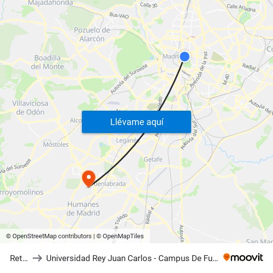 Retiro to Universidad Rey Juan Carlos - Campus De Fuenlabrada map
