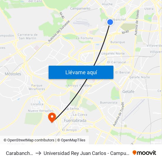 Carabanchel Alto to Universidad Rey Juan Carlos - Campus De Fuenlabrada map