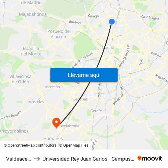 Valdeacederas to Universidad Rey Juan Carlos - Campus De Fuenlabrada map
