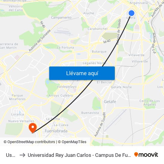 Usera to Universidad Rey Juan Carlos - Campus De Fuenlabrada map