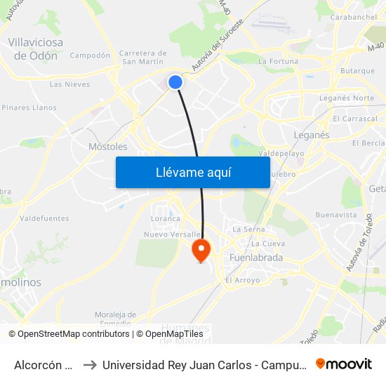 Alcorcón Central to Universidad Rey Juan Carlos - Campus De Fuenlabrada map