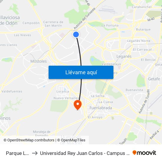 Parque Lisboa to Universidad Rey Juan Carlos - Campus De Fuenlabrada map