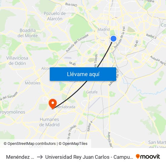 Menéndez Pelayo to Universidad Rey Juan Carlos - Campus De Fuenlabrada map