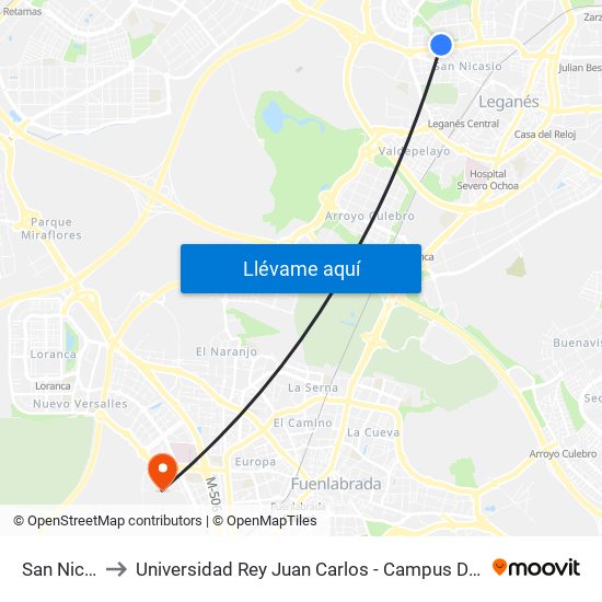 San Nicasio to Universidad Rey Juan Carlos - Campus De Fuenlabrada map