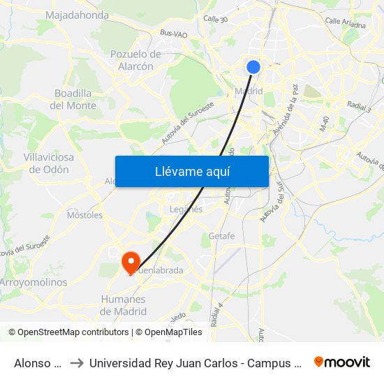 Alonso Cano to Universidad Rey Juan Carlos - Campus De Fuenlabrada map
