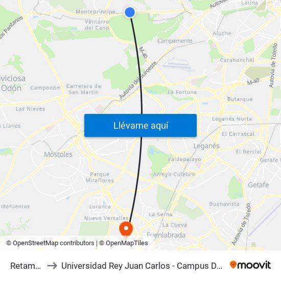 Retamares to Universidad Rey Juan Carlos - Campus De Fuenlabrada map