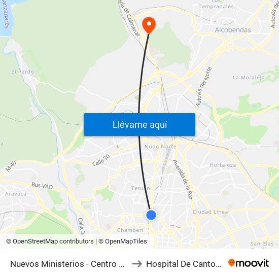 Nuevos Ministerios - Centro Comercial to Hospital De Cantoblanco. map