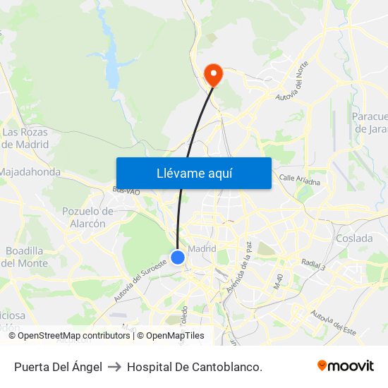 Puerta Del Ángel to Hospital De Cantoblanco. map