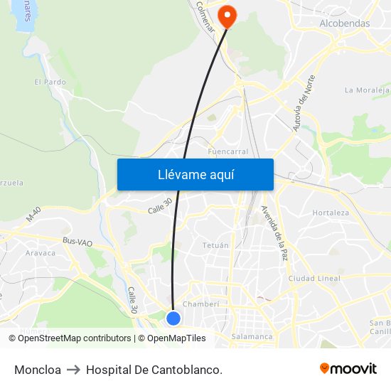 Moncloa to Hospital De Cantoblanco. map