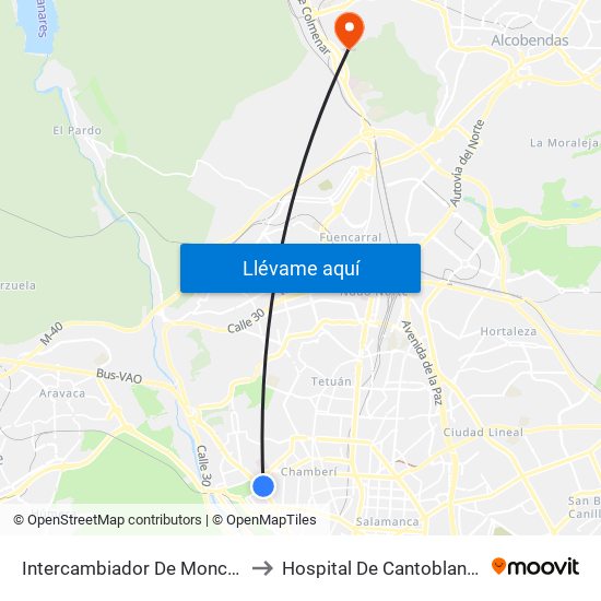 Intercambiador De Moncloa to Hospital De Cantoblanco. map