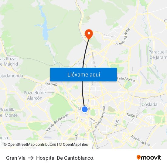 Gran Vía to Hospital De Cantoblanco. map