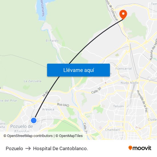 Pozuelo to Hospital De Cantoblanco. map