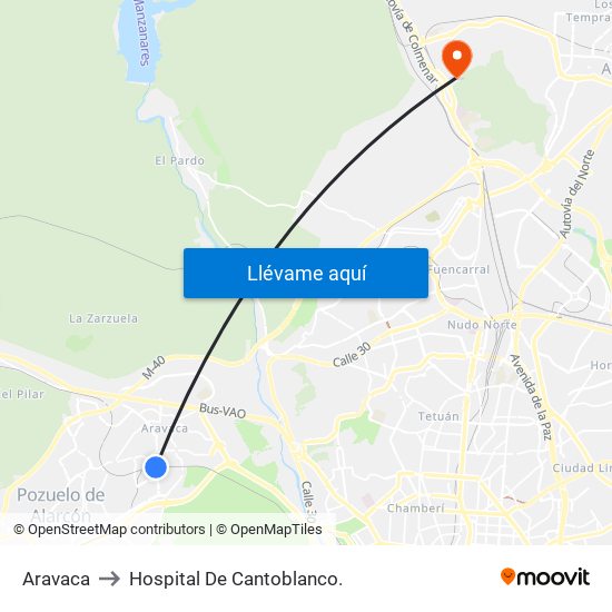 Aravaca to Hospital De Cantoblanco. map