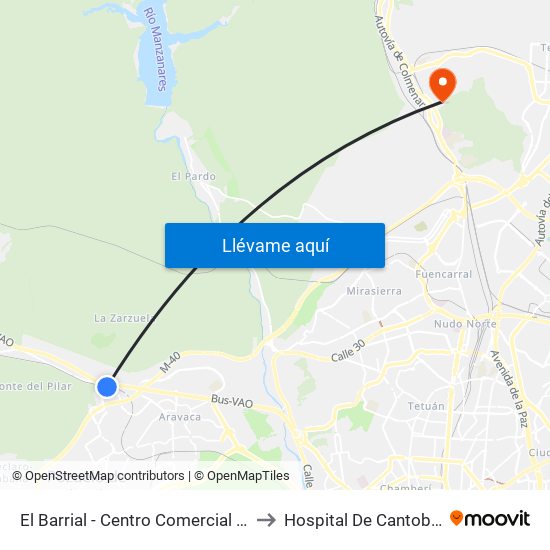 El Barrial - Centro Comercial Pozuelo to Hospital De Cantoblanco. map