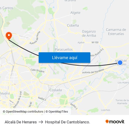 Alcalá De Henares to Hospital De Cantoblanco. map