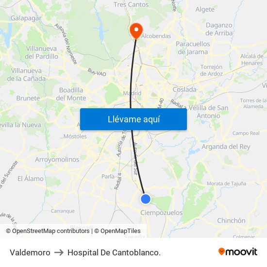 Valdemoro to Hospital De Cantoblanco. map