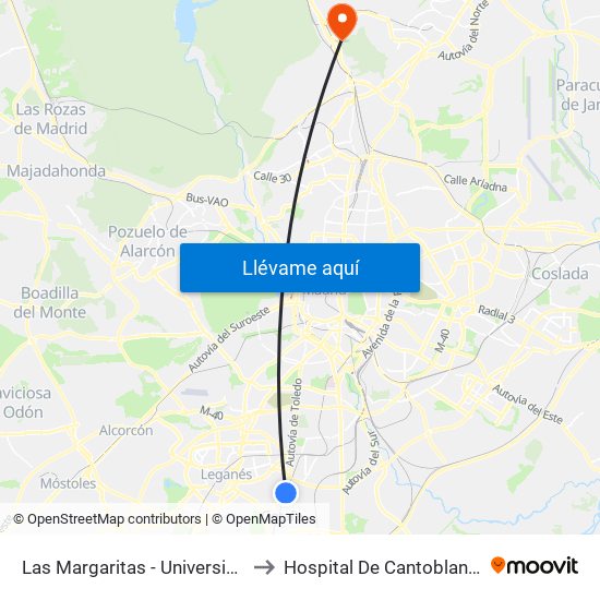 Las Margaritas - Universidad to Hospital De Cantoblanco. map
