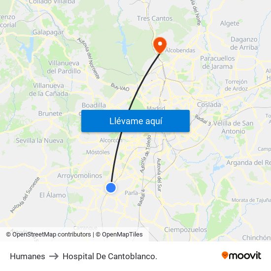 Humanes to Hospital De Cantoblanco. map