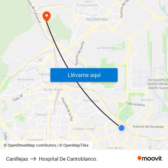 Canillejas to Hospital De Cantoblanco. map