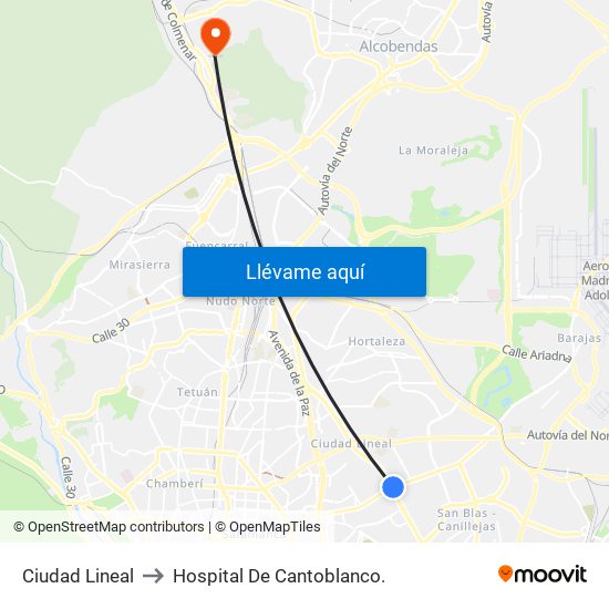 Ciudad Lineal to Hospital De Cantoblanco. map