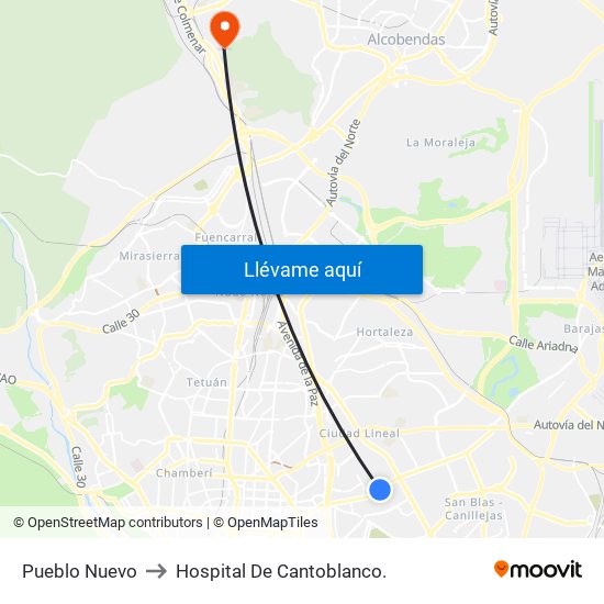 Pueblo Nuevo to Hospital De Cantoblanco. map