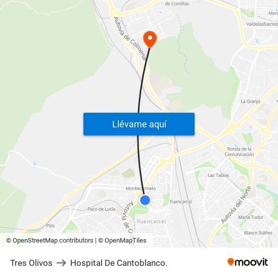 Tres Olivos to Hospital De Cantoblanco. map