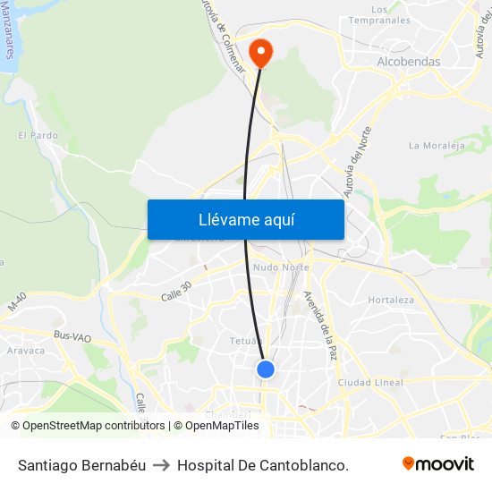 Santiago Bernabéu to Hospital De Cantoblanco. map