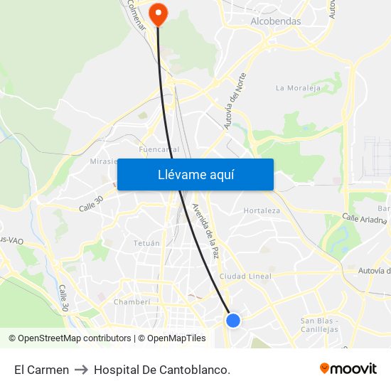 El Carmen to Hospital De Cantoblanco. map