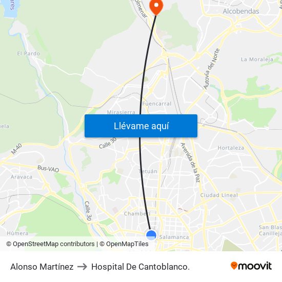 Alonso Martínez to Hospital De Cantoblanco. map