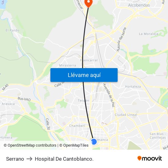 Serrano to Hospital De Cantoblanco. map