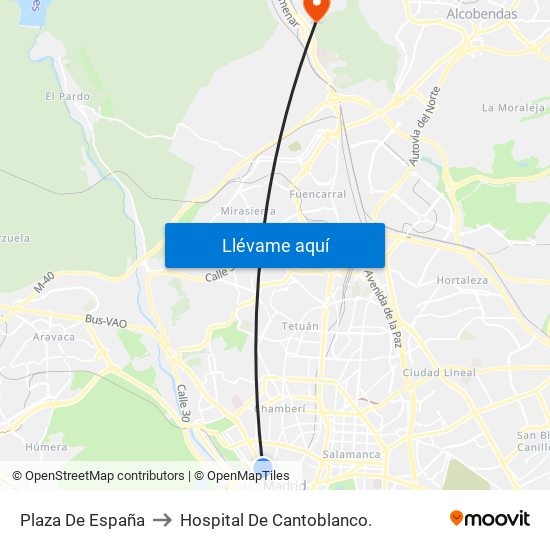 Plaza De España to Hospital De Cantoblanco. map
