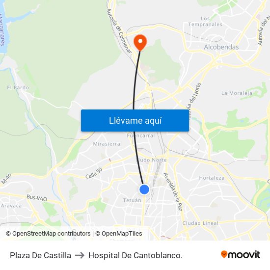 Plaza De Castilla to Hospital De Cantoblanco. map