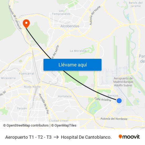 Aeropuerto T1 - T2 - T3 to Hospital De Cantoblanco. map