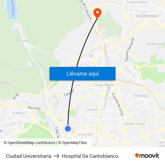 Ciudad Universitaria to Hospital De Cantoblanco. map