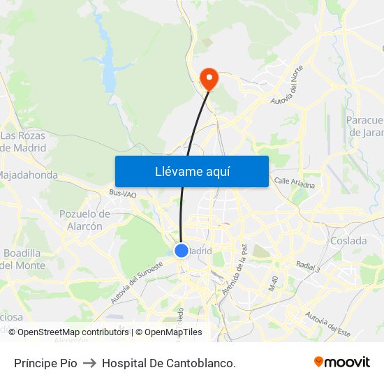 Príncipe Pío to Hospital De Cantoblanco. map