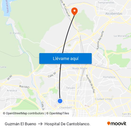 Guzmán El Bueno to Hospital De Cantoblanco. map
